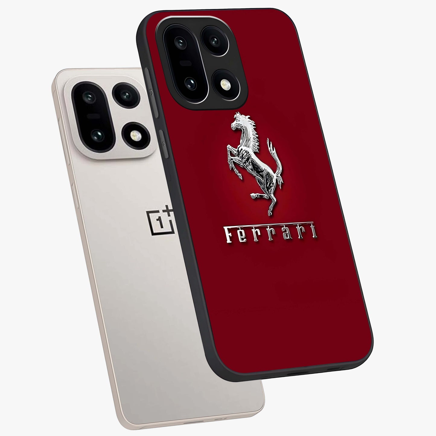 Crimson Stallion Prestige Glass Case for 1+15 angled mockup showcasing glossy finish and bold equestrian detailing