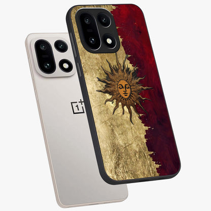 Crimson Sun Majesty Glass Case for 1+15 angled mockup showcasing glossy finish and majestic celestial tones