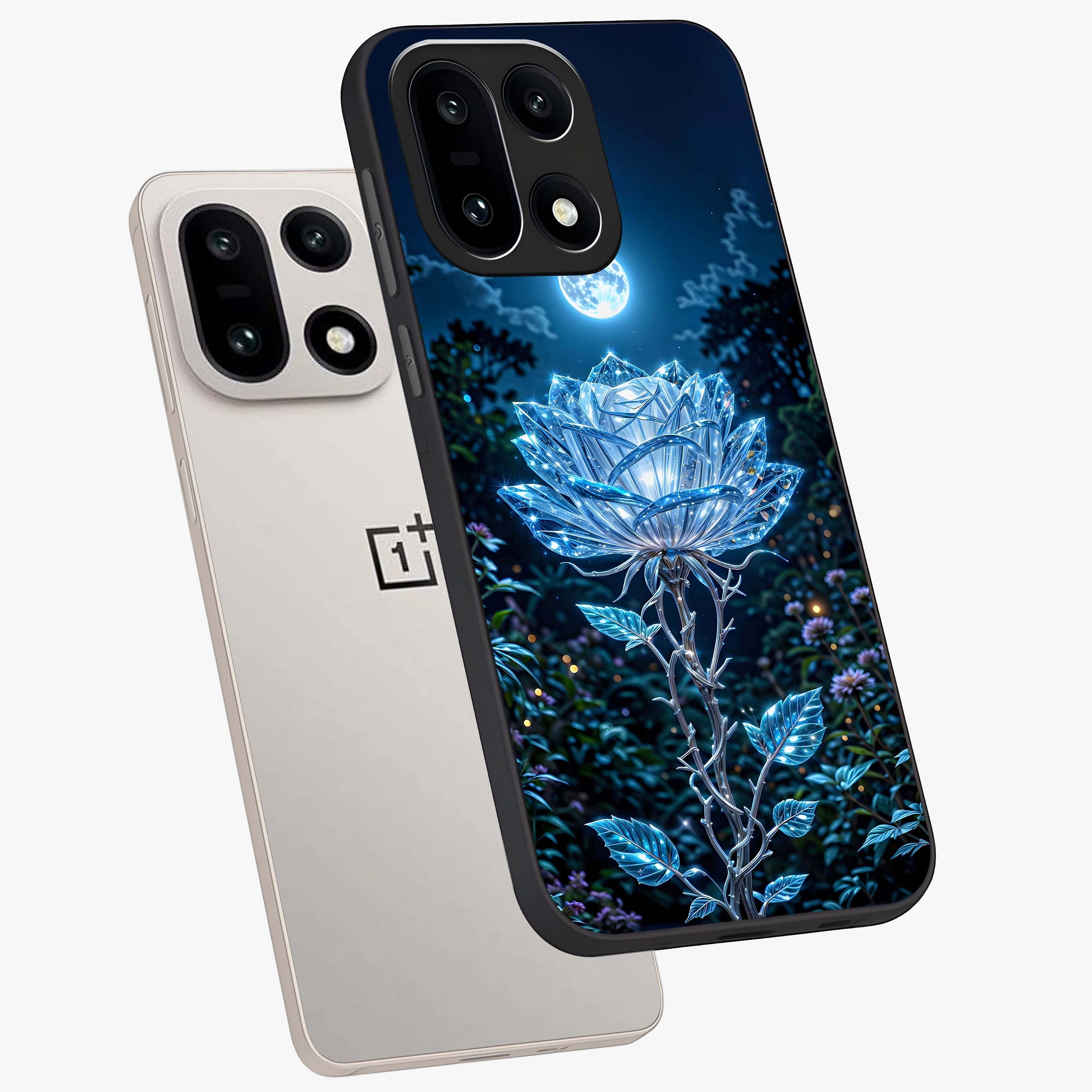 Crystal Moon Lotus Glass Case for 1+15 angled mockup showcasing glossy glass finish and luminous floral detailing