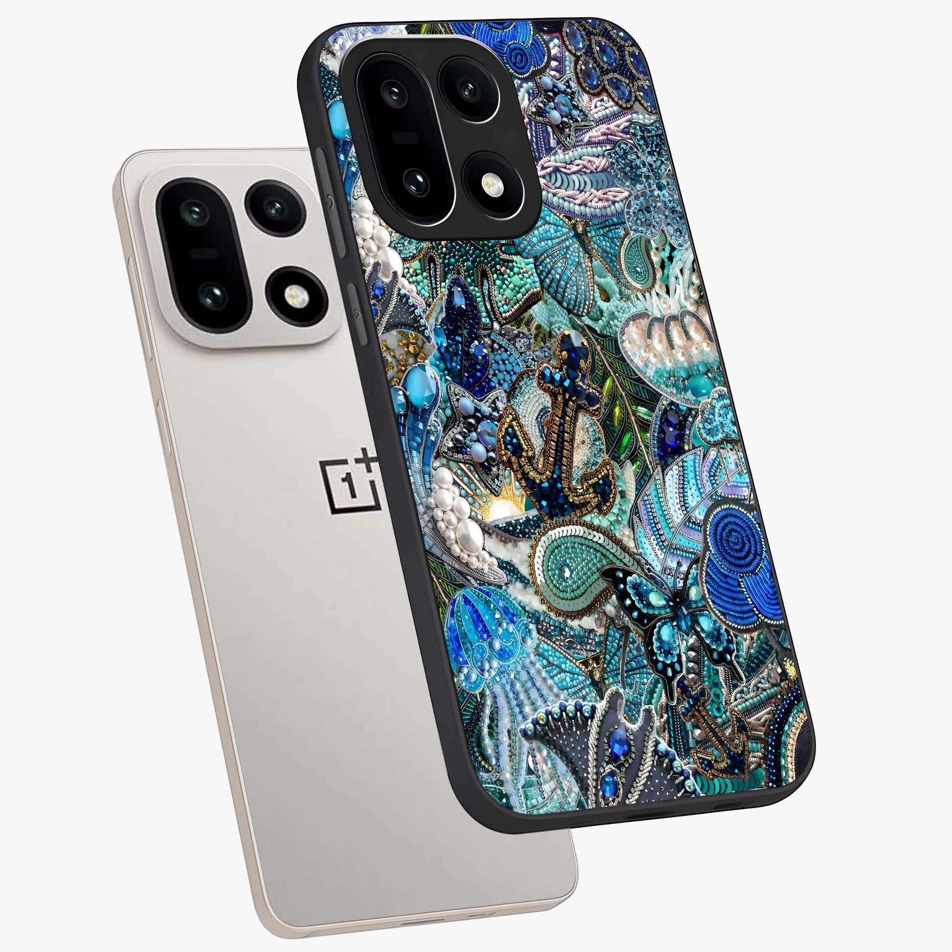 Crystal Ocean Magic Glass Case for 1+15 angled mockup showcasing glossy finish and flowing aqua tones
