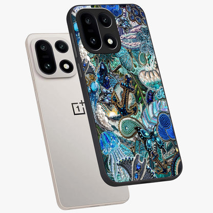 Crystal Ocean Magic Glass Case for 1+15 angled mockup showcasing glossy finish and flowing aqua tones