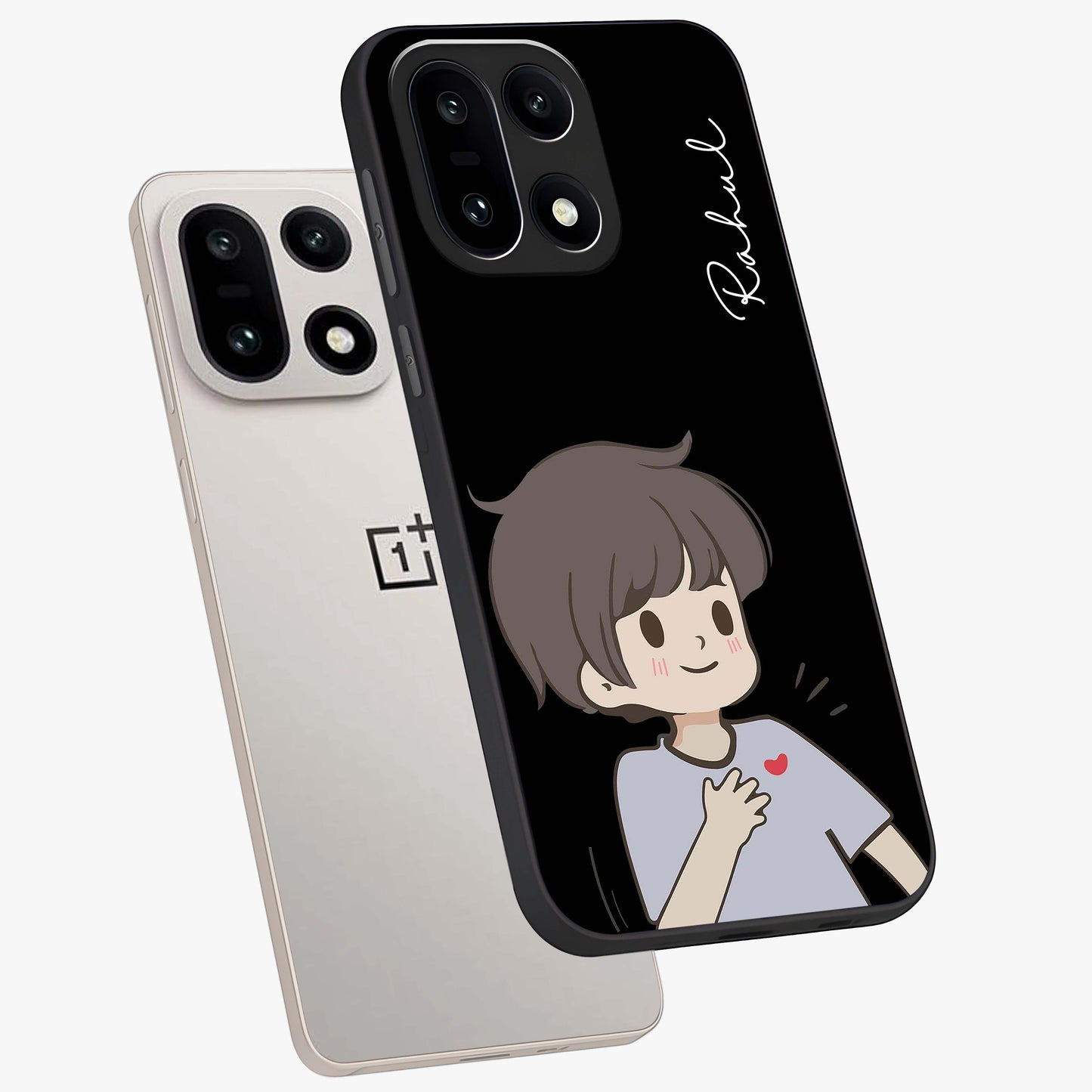 Cute Boy Heart Reaction Glass Case for 1+15 angled mockup showcasing glossy finish and vibrant pastel tones