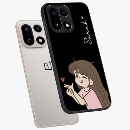 Cute Girl Firing Heart Glass Case for 1+15 angled mockup showcasing glossy finish and lively character detailing