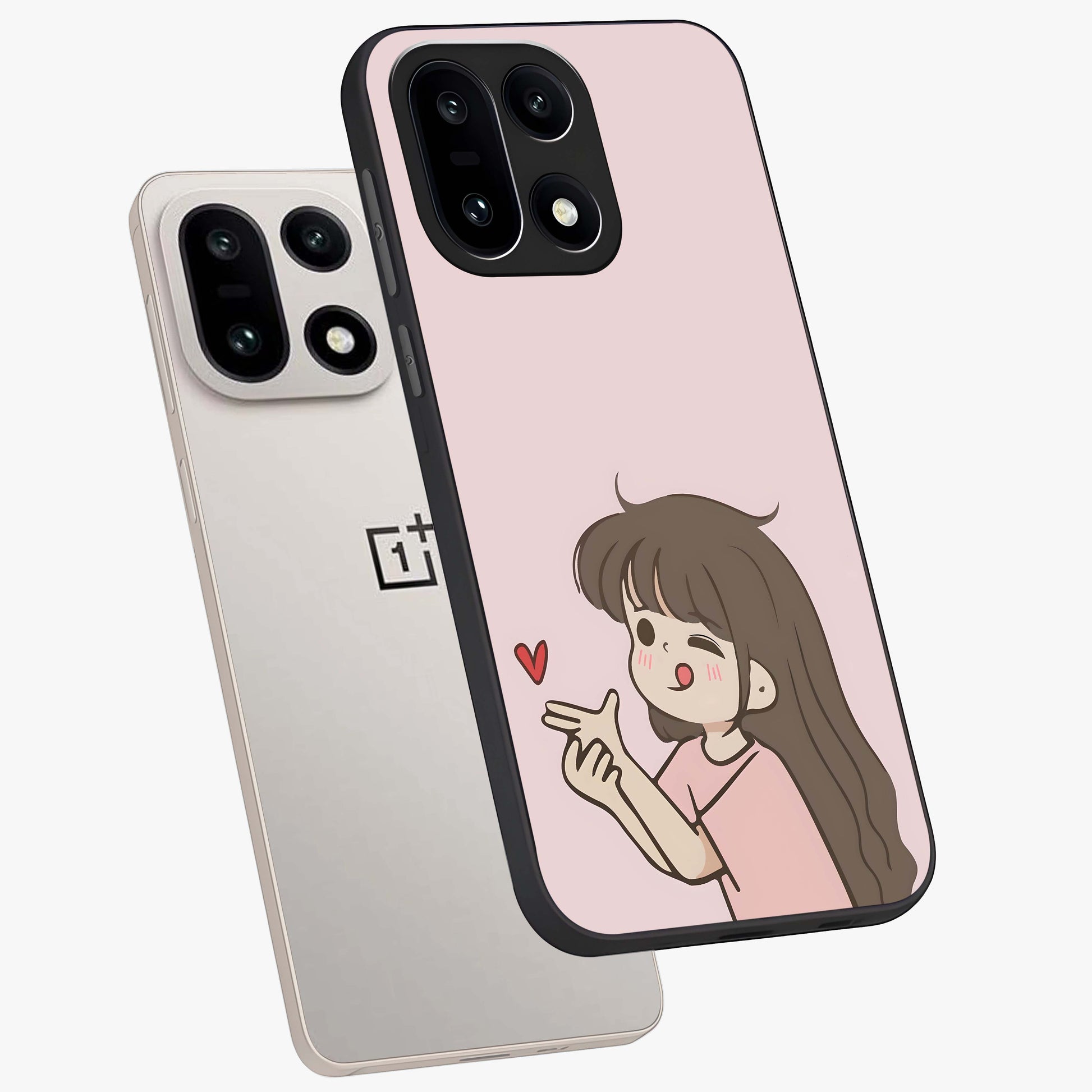 Cute Kiss Heart Glass Case for 1+15 angled mockup showcasing glossy finish and soft pastel tones