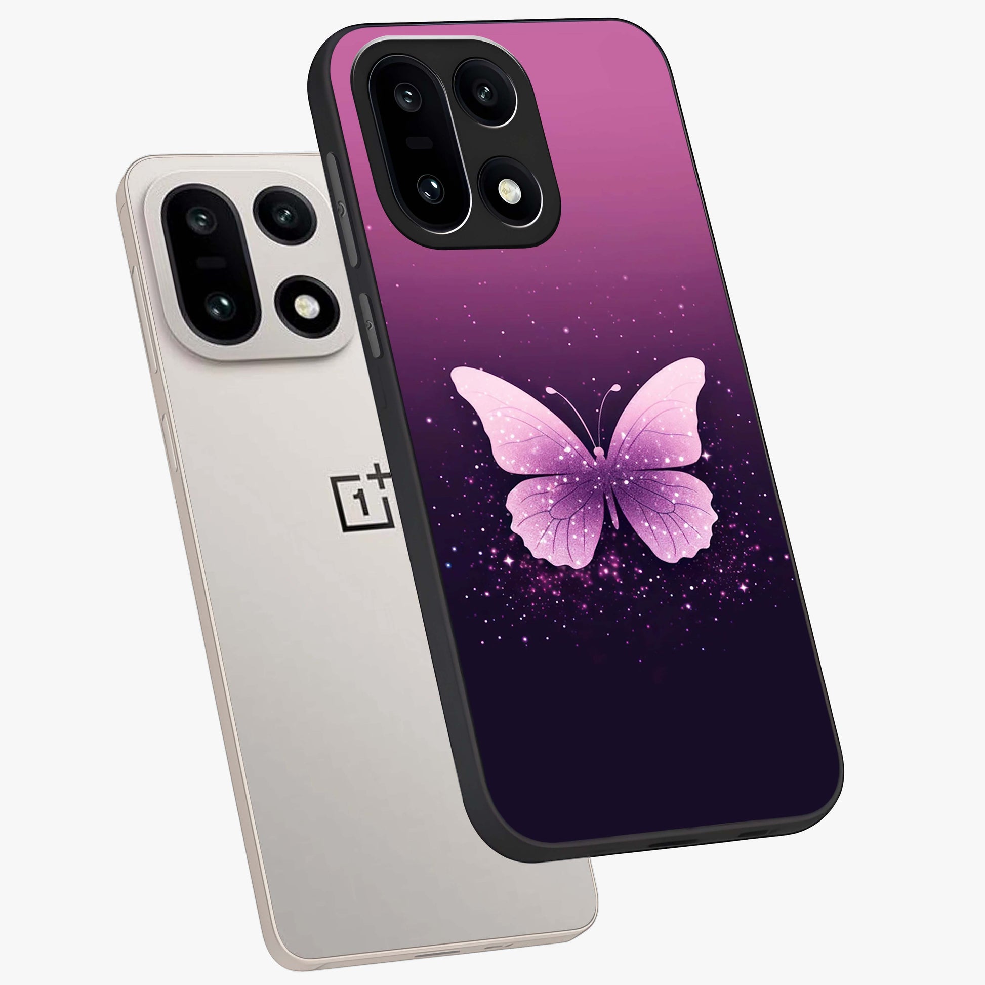 Cute Starry Butterfly Glass Case for 1+15 angled mockup showcasing glossy finish and celestial pastel tones