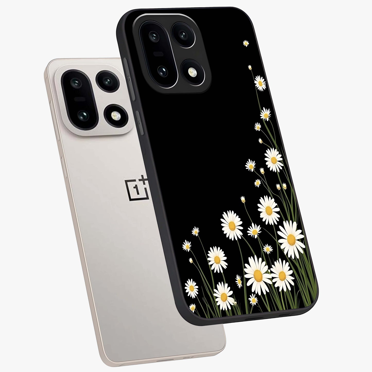 Daisy Cascade on Black Glass Case for 1+15 angled mockup showcasing glossy finish and bold floral contrast