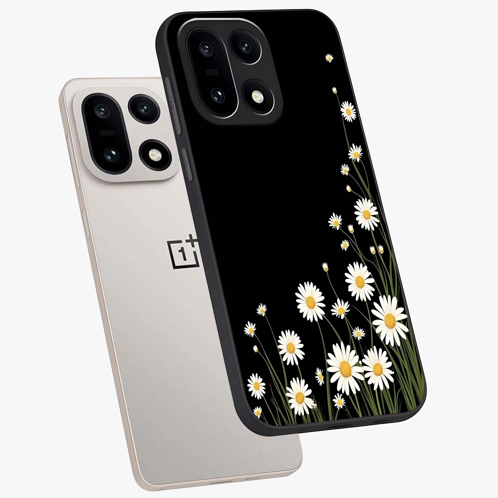Daisy Cascade on Black Glass Case for 1+15 angled mockup showcasing glossy finish and bold floral contrast
