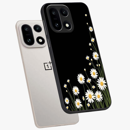 Daisy Cascade on Black Glass Case for 1+15 angled mockup showcasing glossy finish and bold floral contrast