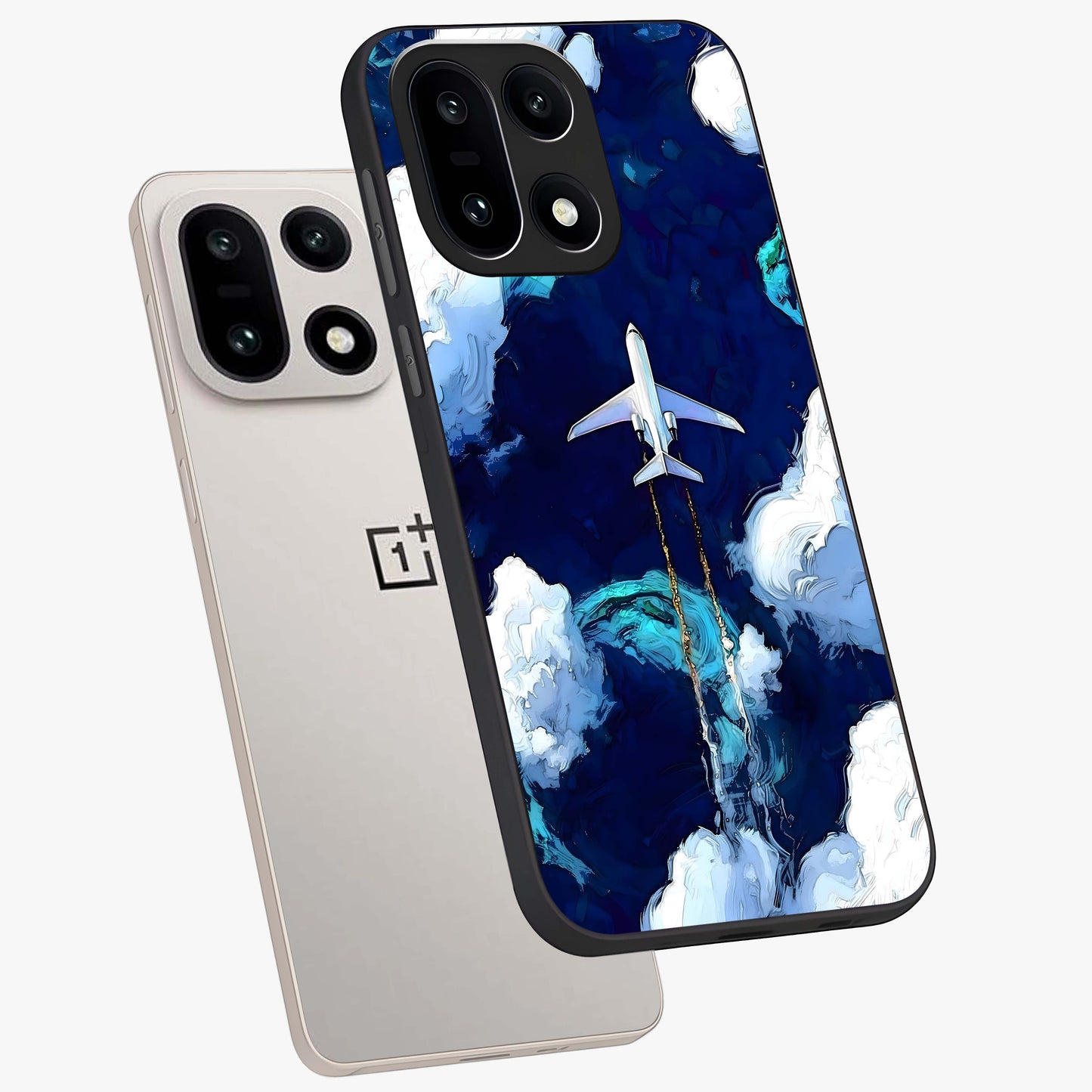 Dark Airplane Glass Case for 1+15 angled mockup showcasing glossy finish and dramatic sky tones