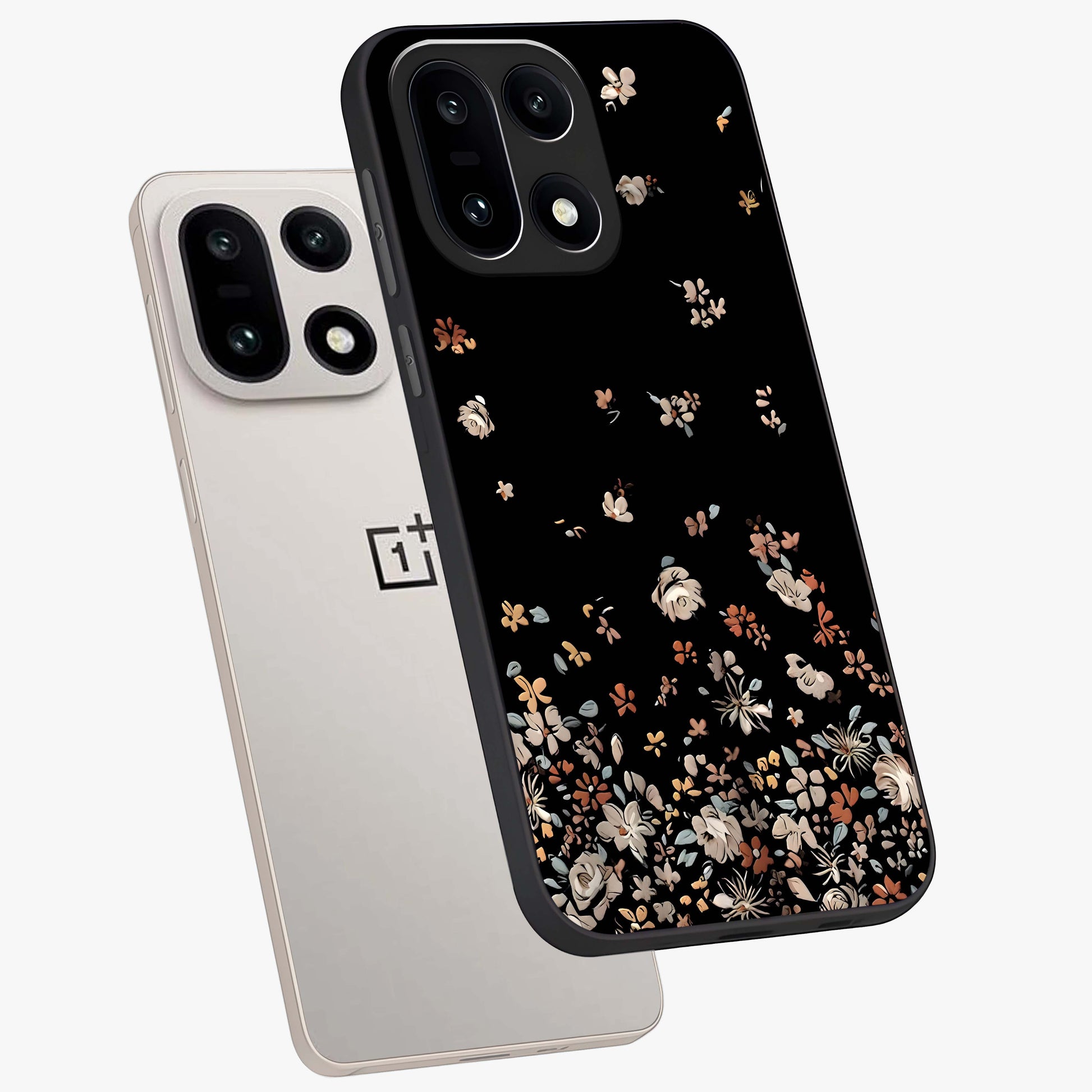 Dark Petal Aesthetic Glass Case for 1+15 angled mockup showcasing glossy finish and dramatic petal detailing