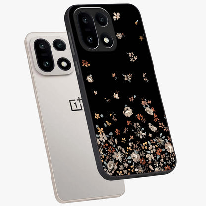 Dark Petal Aesthetic Glass Case for 1+15 angled mockup showcasing glossy finish and dramatic petal detailing