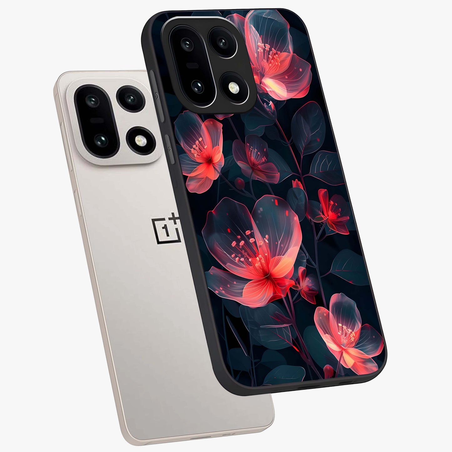 Dark Shade of Flower Glass Case for 1+15 angled mockup showcasing glossy finish and bold contrast detailing