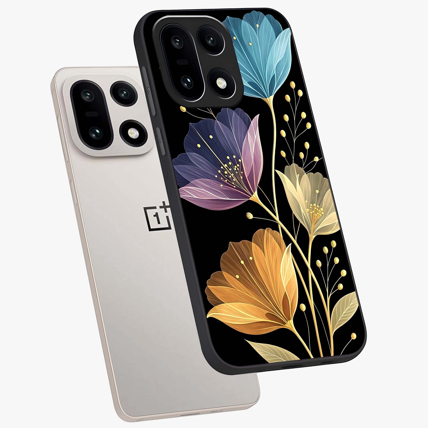 Delicate Multicolor Flowers Glass Case for 1+15 angled mockup showcasing glossy finish and pastel bloom detailing