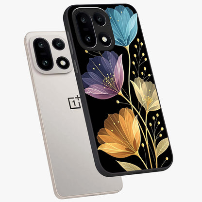 Delicate Multicolor Flowers Glass Case for 1+15 angled mockup showcasing glossy finish and pastel bloom detailing