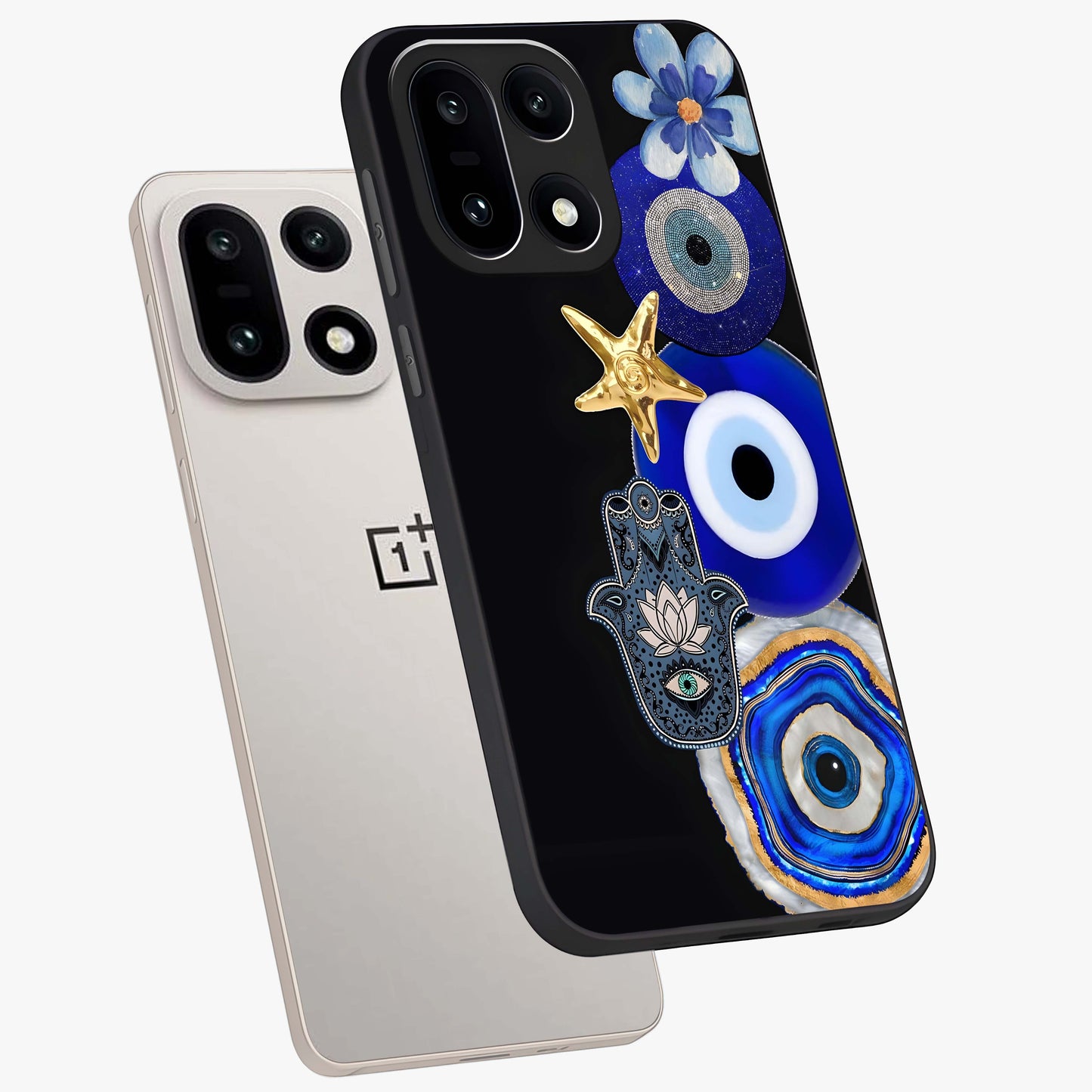 Divine Eye Bloom Glass Case for 1+15 angled mockup showcasing glossy finish and vibrant protective detailing