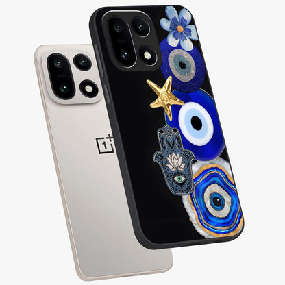 Divine Eye Bloom Glass Case for 1+15 angled mockup showcasing glossy finish and vibrant protective detailing