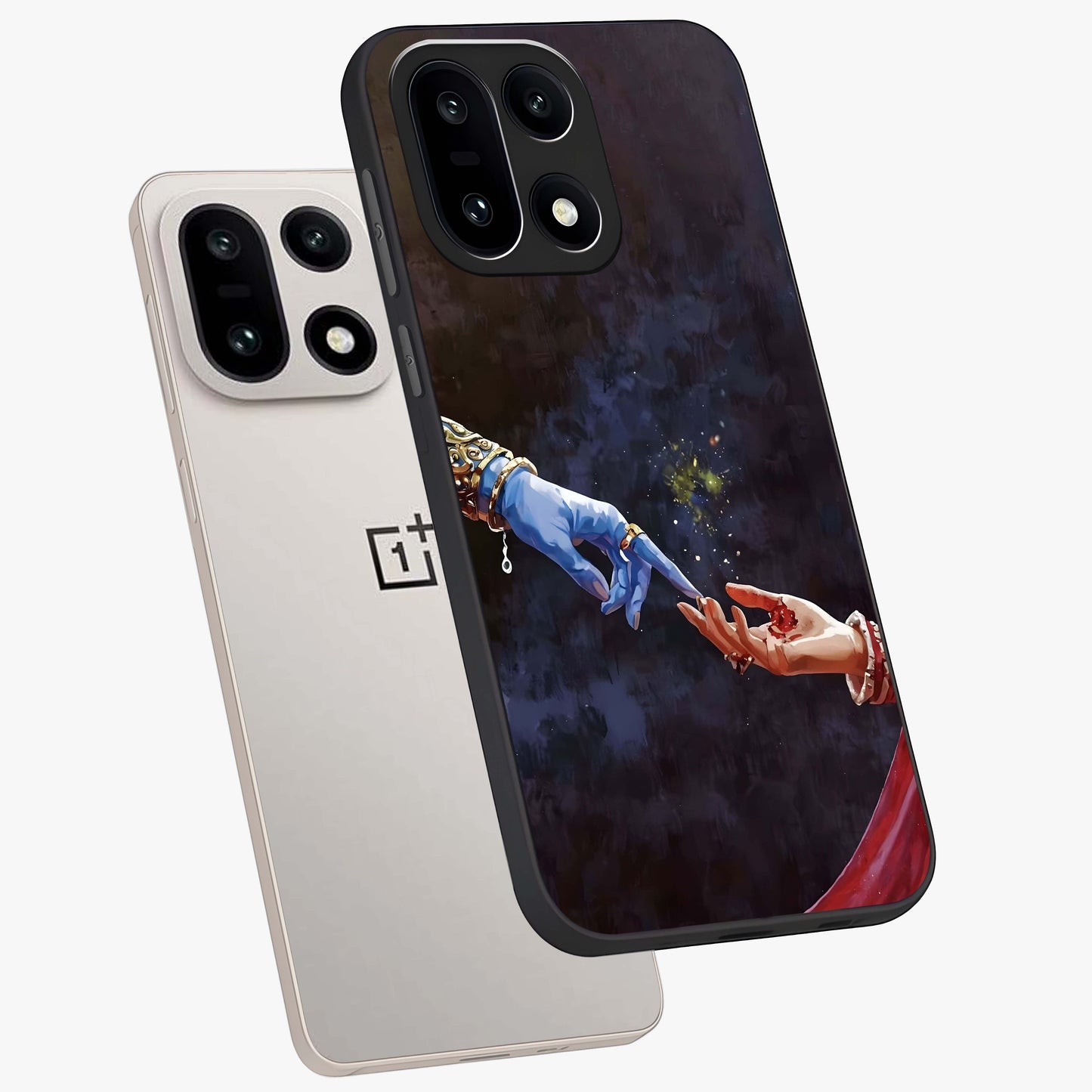Divine Touch Eternal Glass Case for 1+15 angled mockup showcasing glossy finish and elegant design tones
