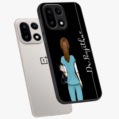 Doctor Pattern Custom Name Glass Case for 1+15 angled mockup showcasing glossy finish and detailed pattern elements