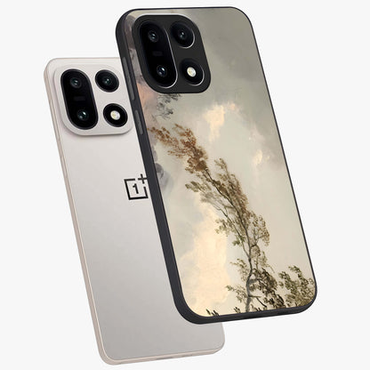 Dreamlike Wind Field Glass Case for 1+15 angled mockup showcasing glossy glass finish and dreamy landscape detailing