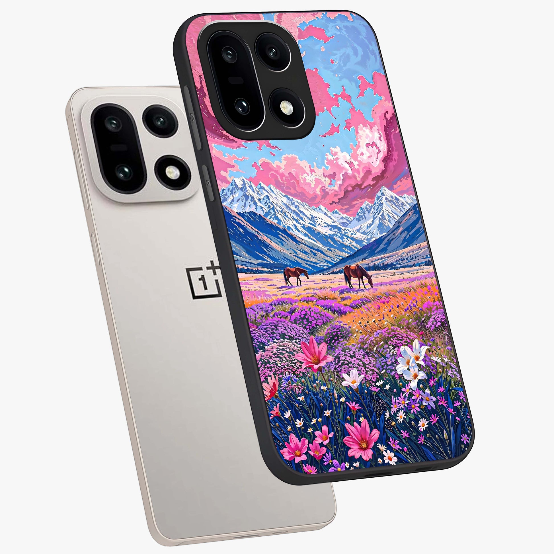 Dreamy Floral Pastures Glass Case for 1+15 angled mockup showcasing glossy finish and gentle bloom textures