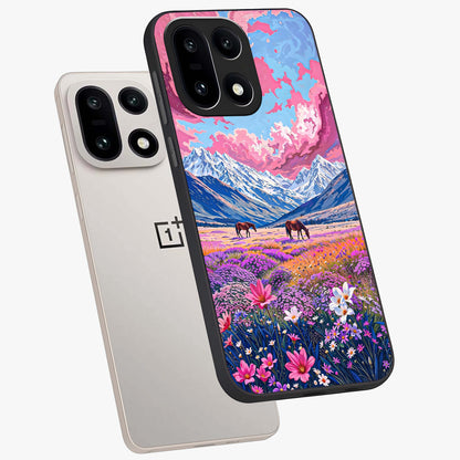 Dreamy Floral Pastures Glass Case for 1+15 angled mockup showcasing glossy finish and gentle bloom textures