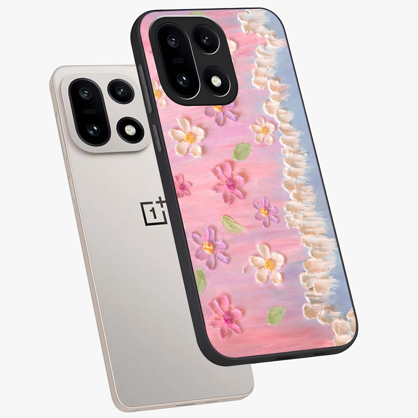 Dreamy Painted Garden Glass Case for 1+15 angled mockup showcasing glossy finish and vibrant brushstroke textures