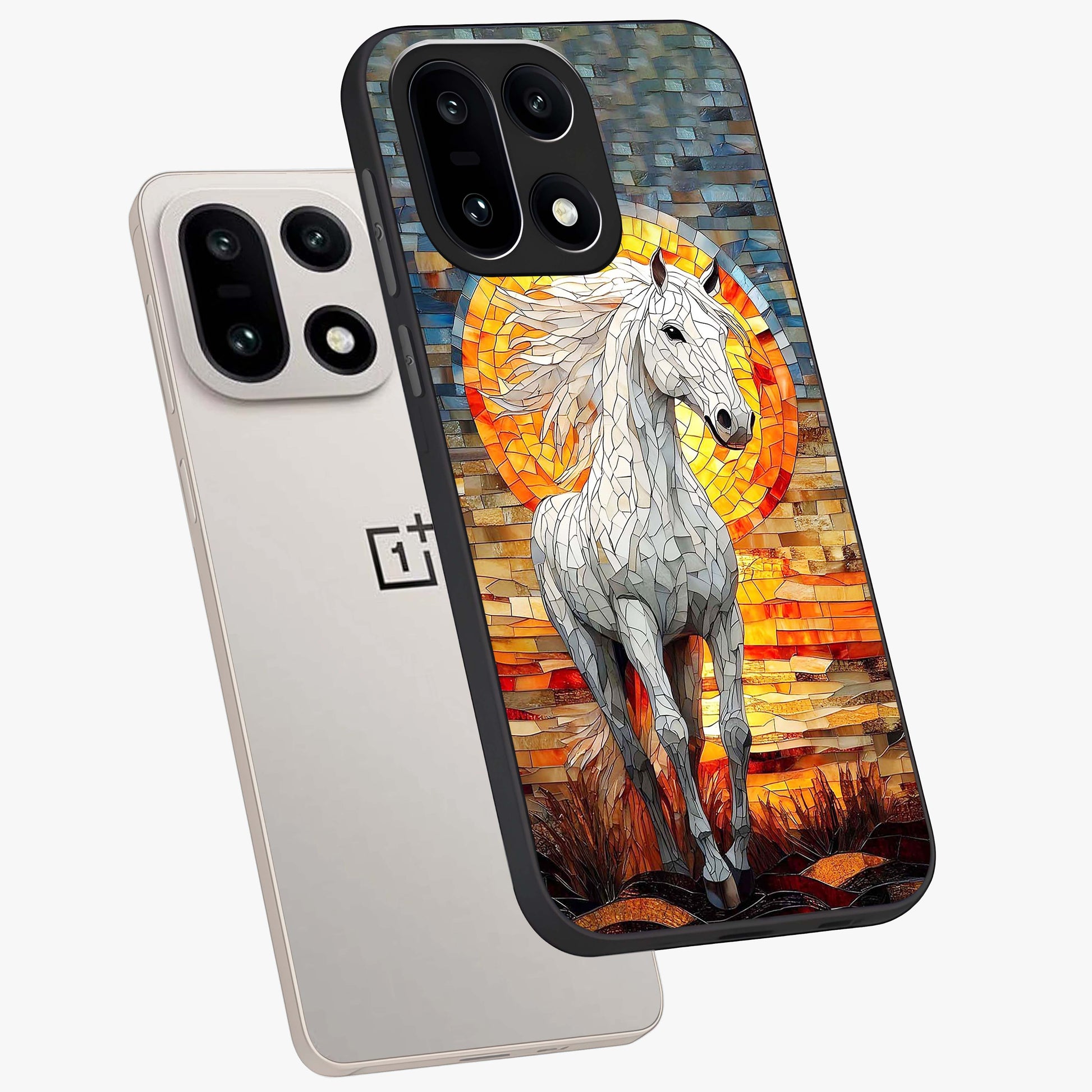 Elected Horse Glass Case for 1+15 angled mockup showcasing glossy finish and dynamic equestrian detailing