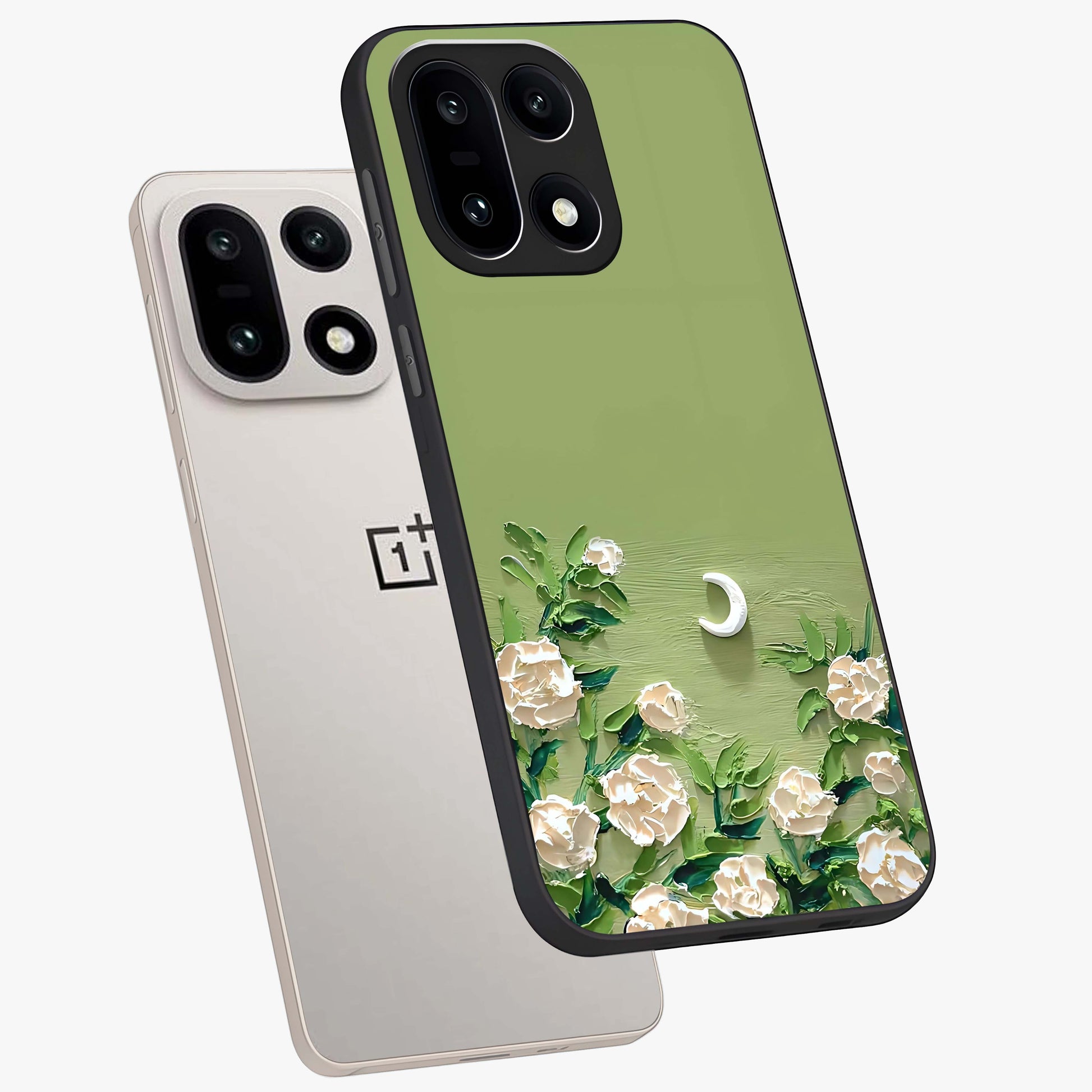 Emerald Bloom Calm Glass Case for 1+15 angled mockup showcasing glossy finish and rich green tones