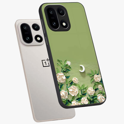 Emerald Bloom Calm Glass Case for 1+15 angled mockup showcasing glossy finish and rich green tones