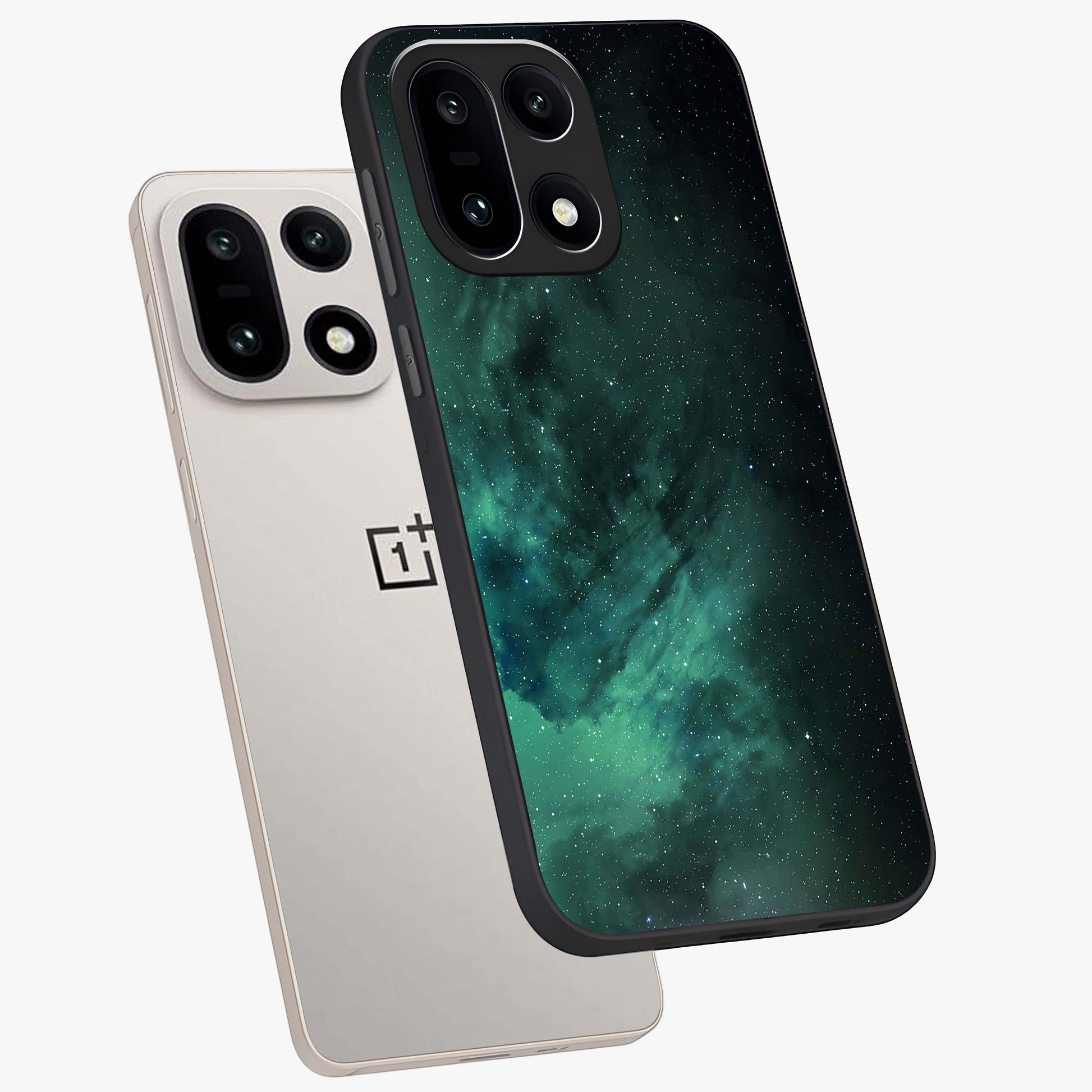 Emerald Green Space Glass Case for 1+15 angled mockup showcasing glossy finish and bold emerald gradients