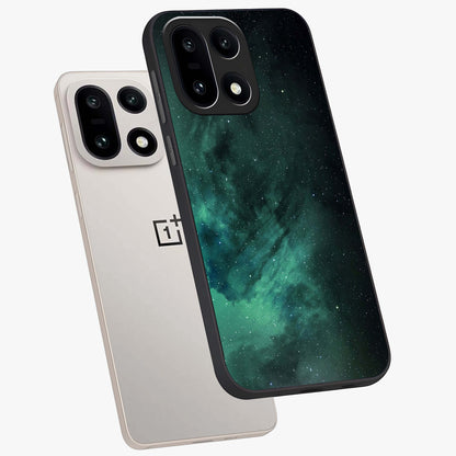 Emerald Green Space Glass Case for 1+15 angled mockup showcasing glossy finish and bold emerald gradients