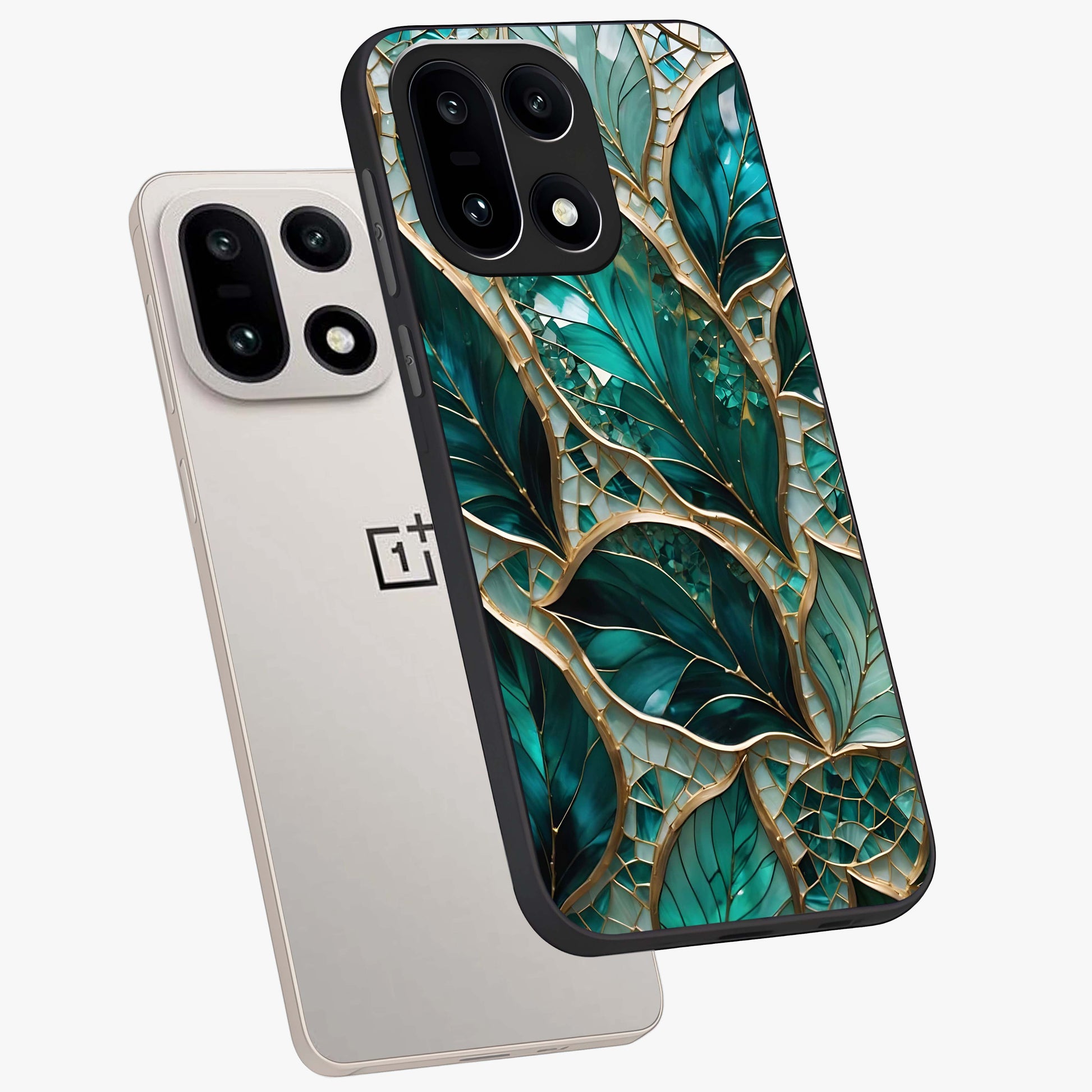Emerald Leaf Glass Case for 1+15 angled mockup showcasing glossy finish and natural botanical tones