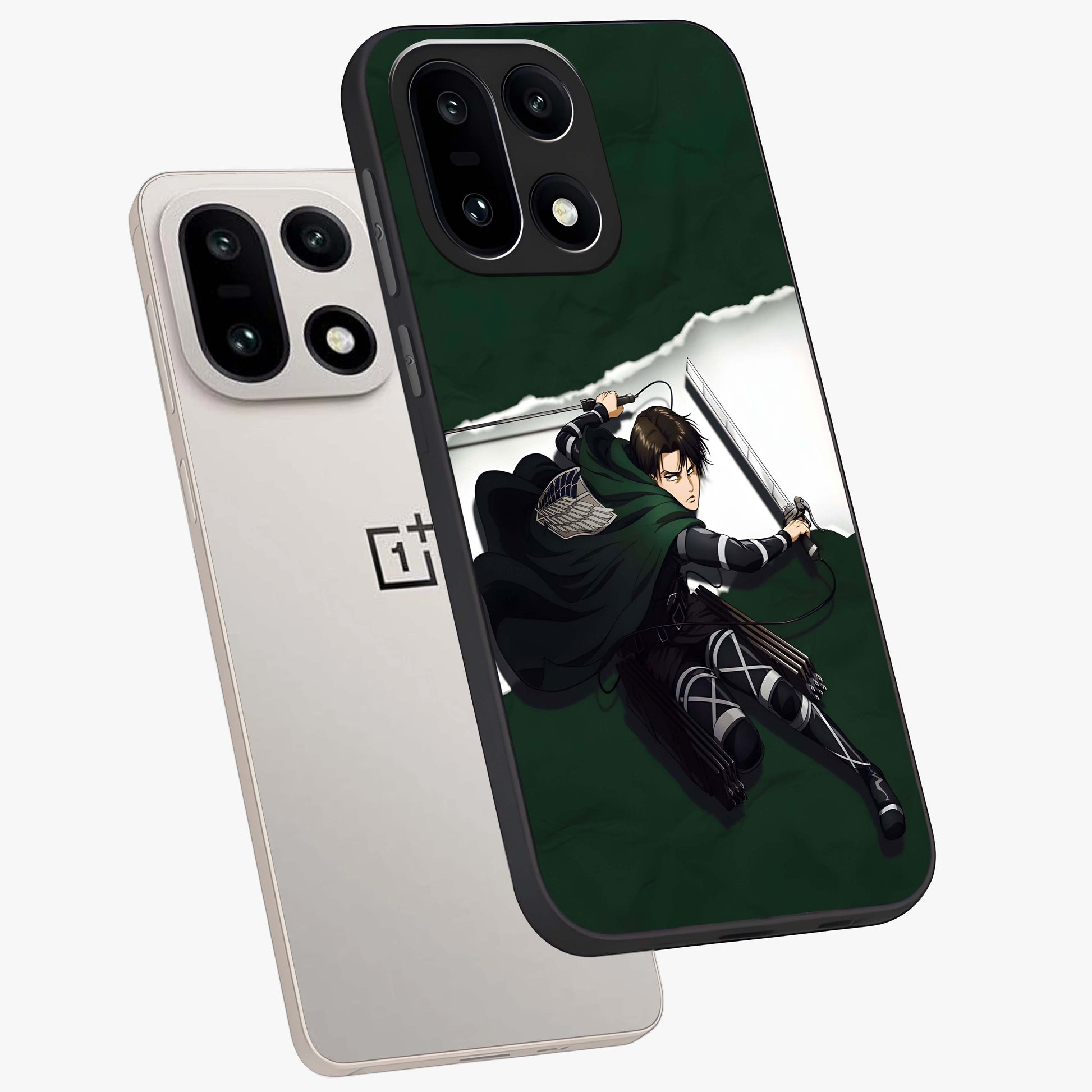 Emerald War Vanguard Glass Case for 1+15 angled mockup showcasing glossy finish and bold fantasy detailing