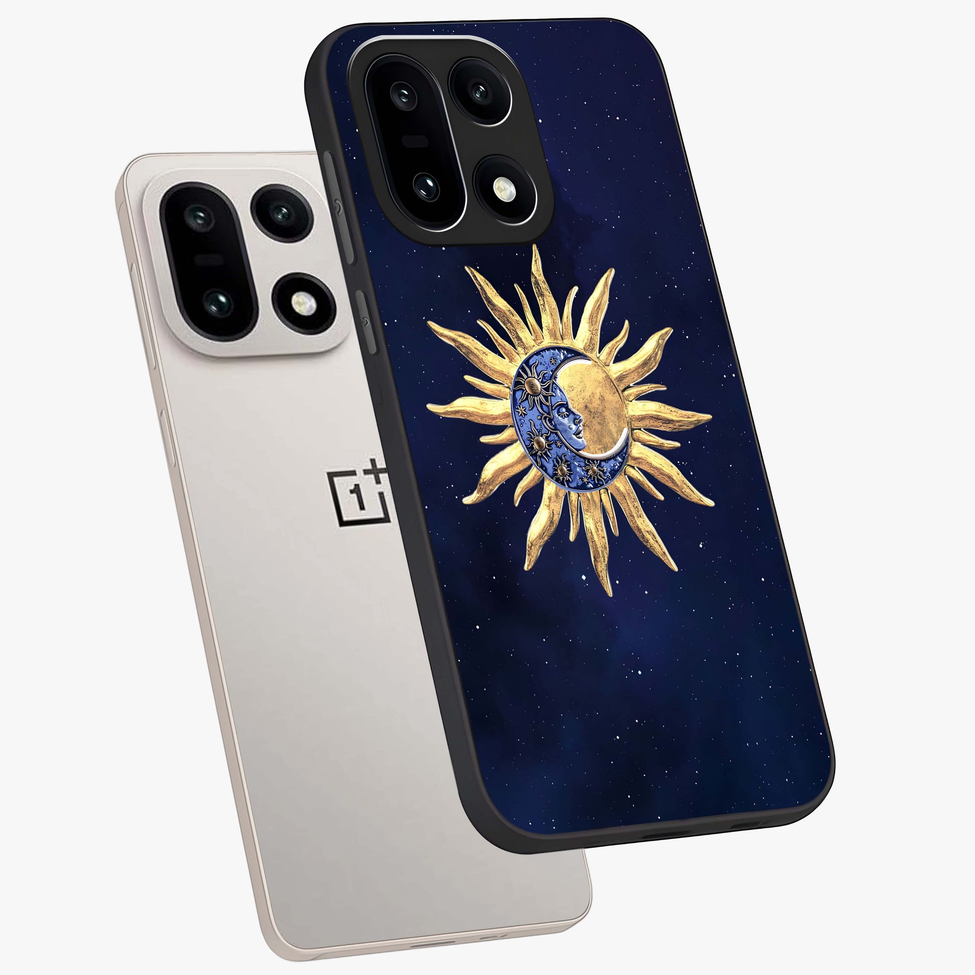 Eternal Cosmic Balance Glass Case for 1+15 angled mockup showcasing glossy finish and celestial gradient tones