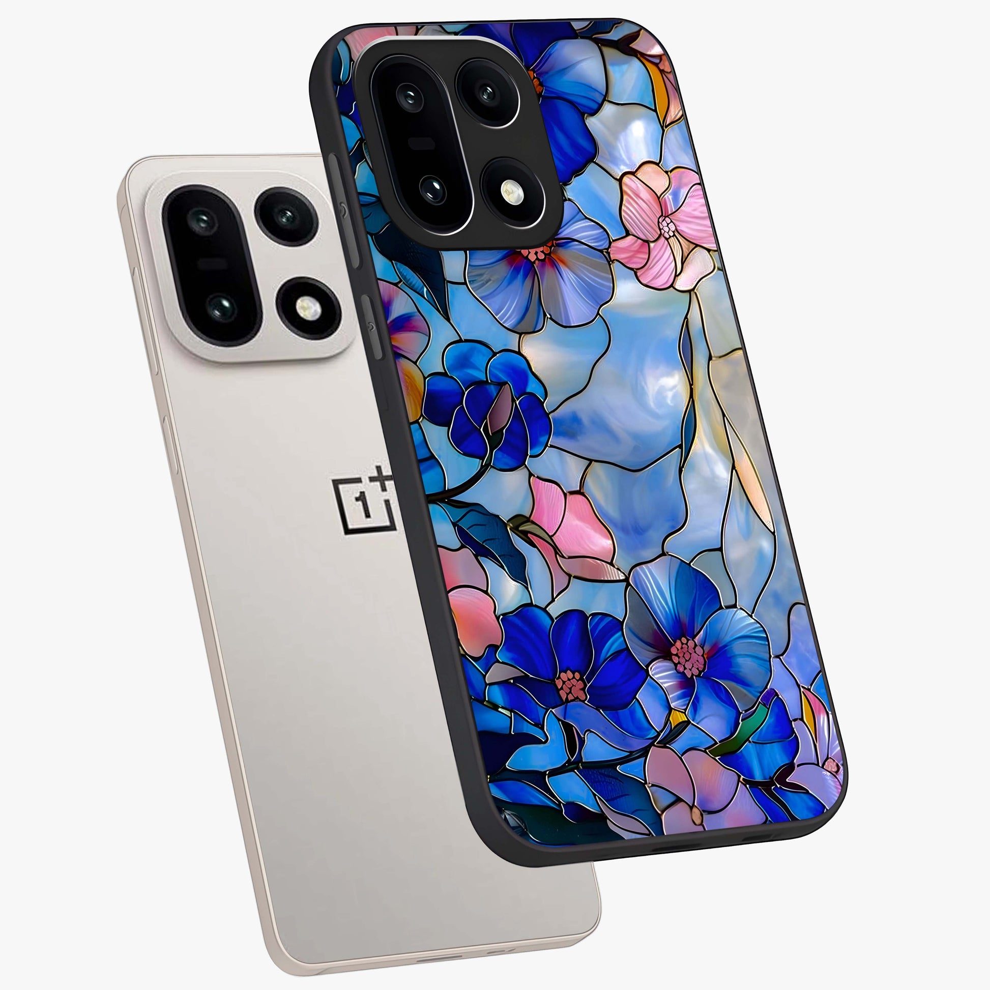 Eternal Floral Stained Glass Case for 1+15 angled mockup showcasing glossy finish and vibrant mosaic textures