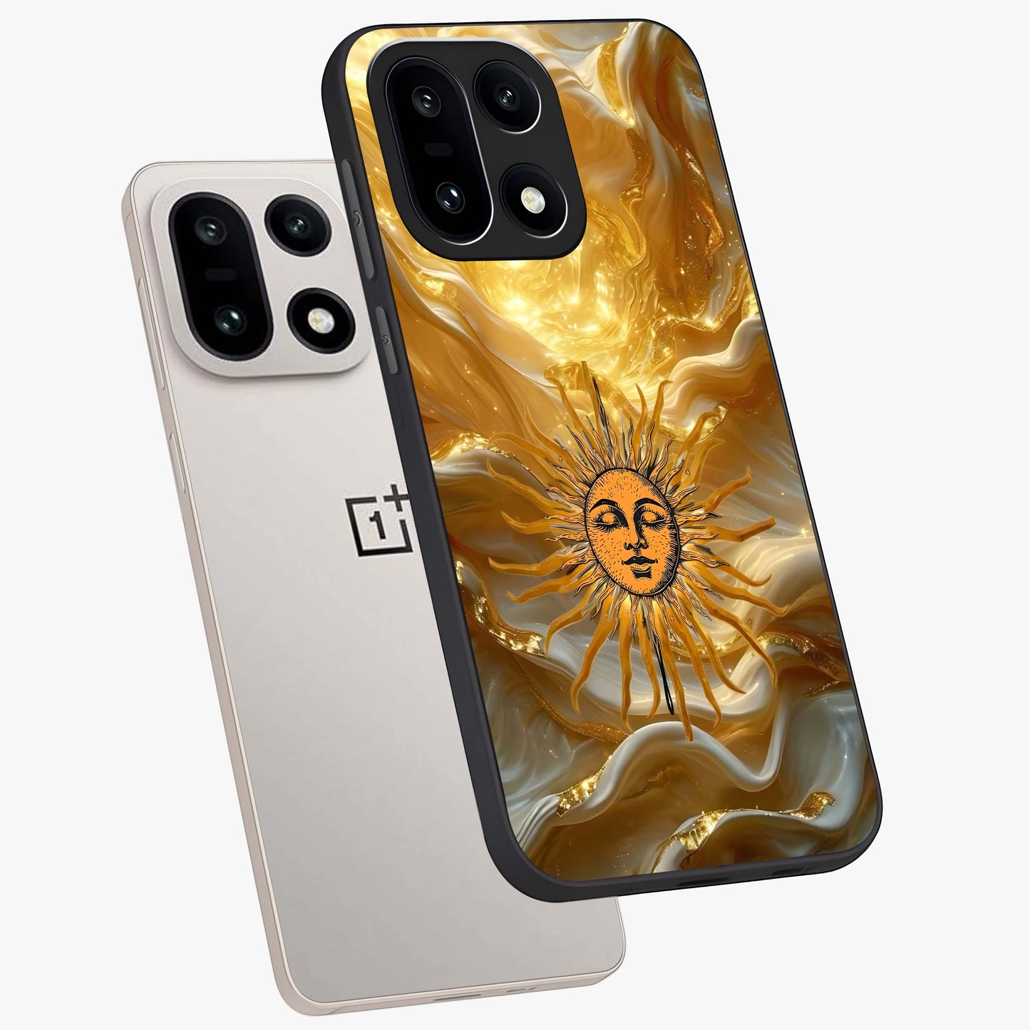 Eternal Golden Glow Glass Case for 1+15 angled mockup showcasing glossy glass finish and luminous gold tones