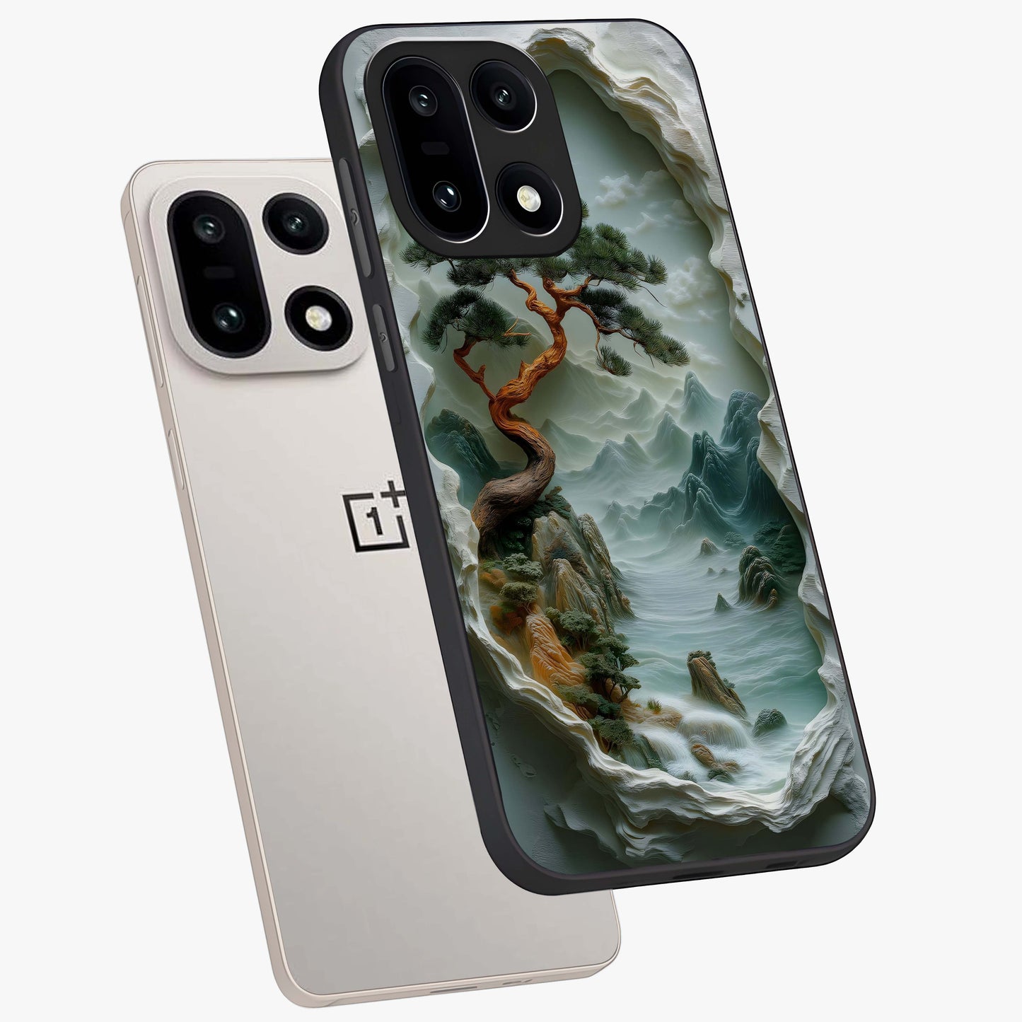 Eternal Nature Spirit Glass Case for 1+15 angled mockup showcasing glossy finish and calming botanical tones