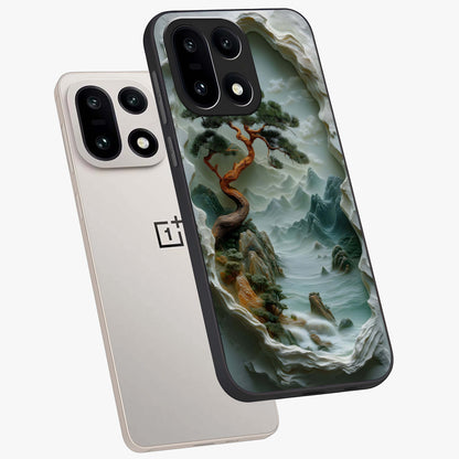 Eternal Nature Spirit Glass Case for 1+15 angled mockup showcasing glossy finish and calming botanical tones