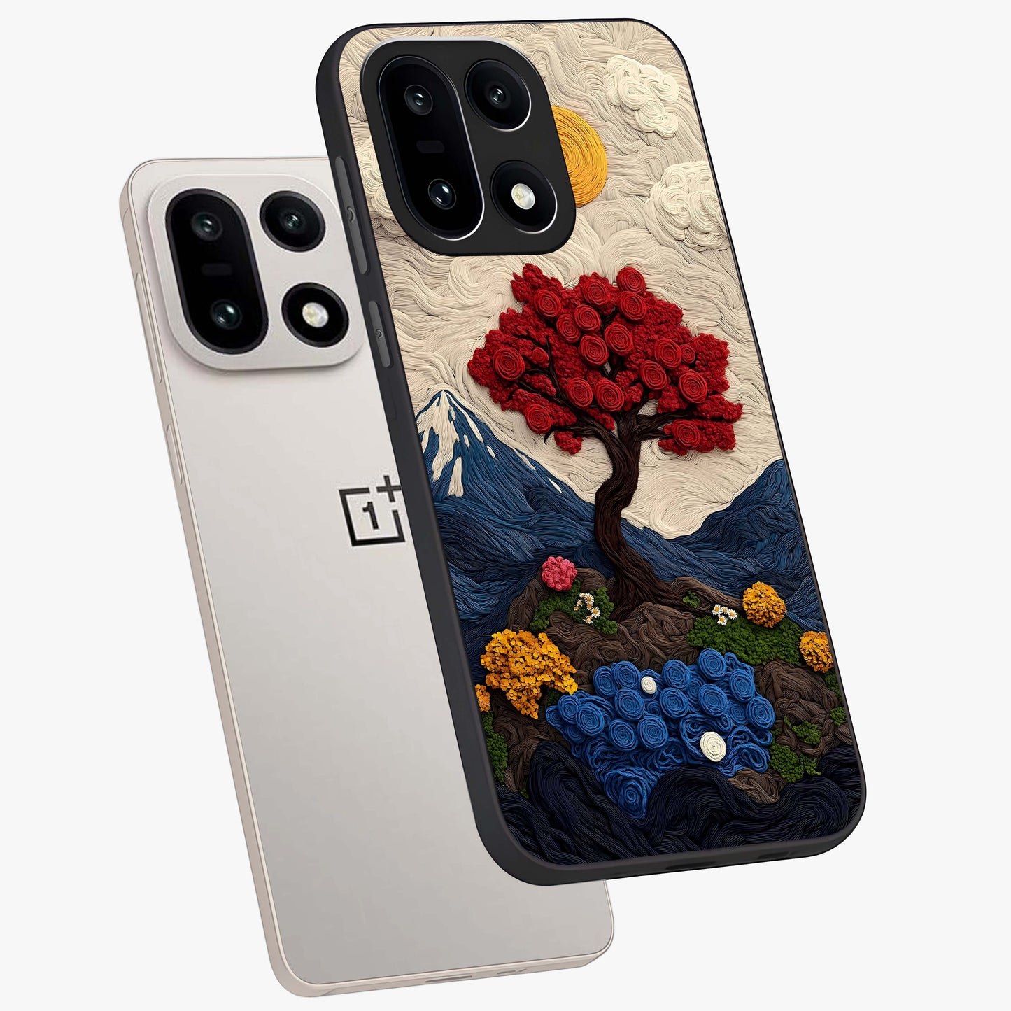 Eternal Nature Tapestry Glass Case for 1+15 angled mockup showcasing glossy finish and detailed botanical patterns