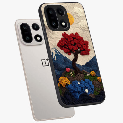 Eternal Nature Tapestry Glass Case for 1+15 angled mockup showcasing glossy finish and detailed botanical patterns