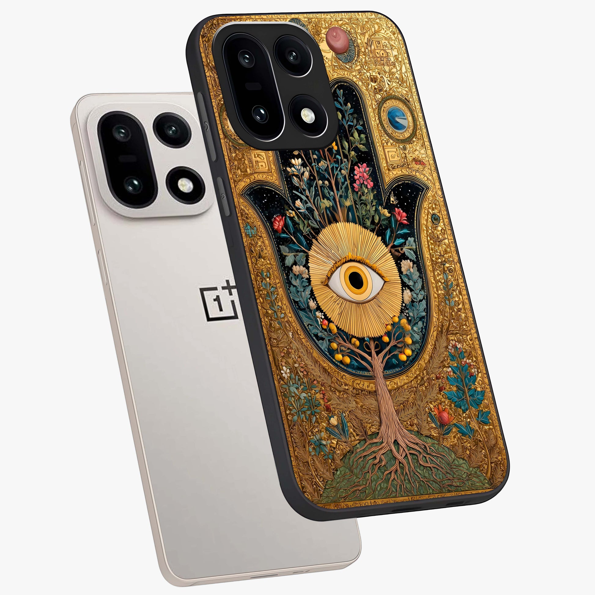 Ethereal Evil Eye Glass Case for 1+15 angled mockup showcasing glossy finish and celestial blue tones