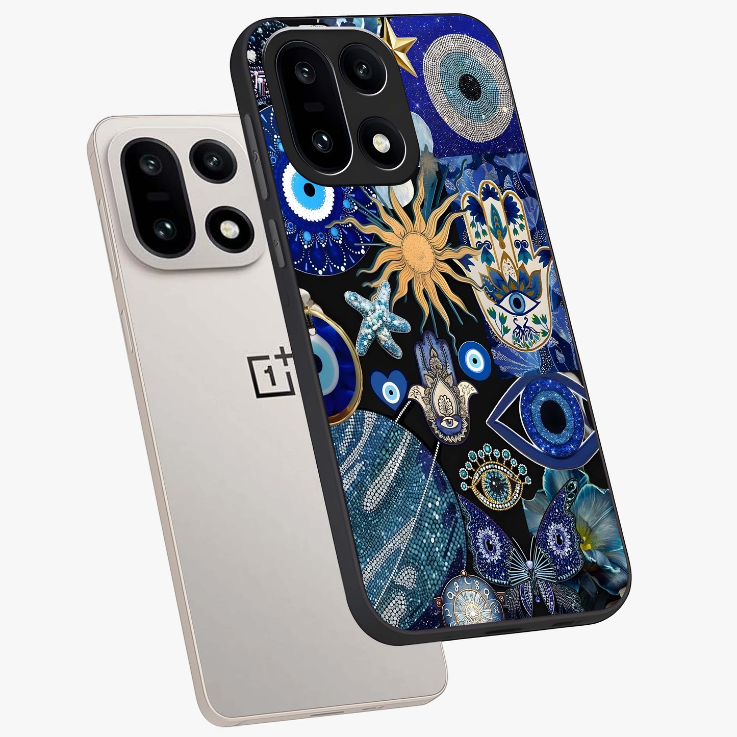 Evil Eye Charm Mix Glass Case for 1+15 angled mockup showcasing glossy finish and bold blue tones