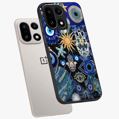 Evil Eye Charm Mix Glass Case for 1+15 angled mockup showcasing glossy finish and bold blue tones