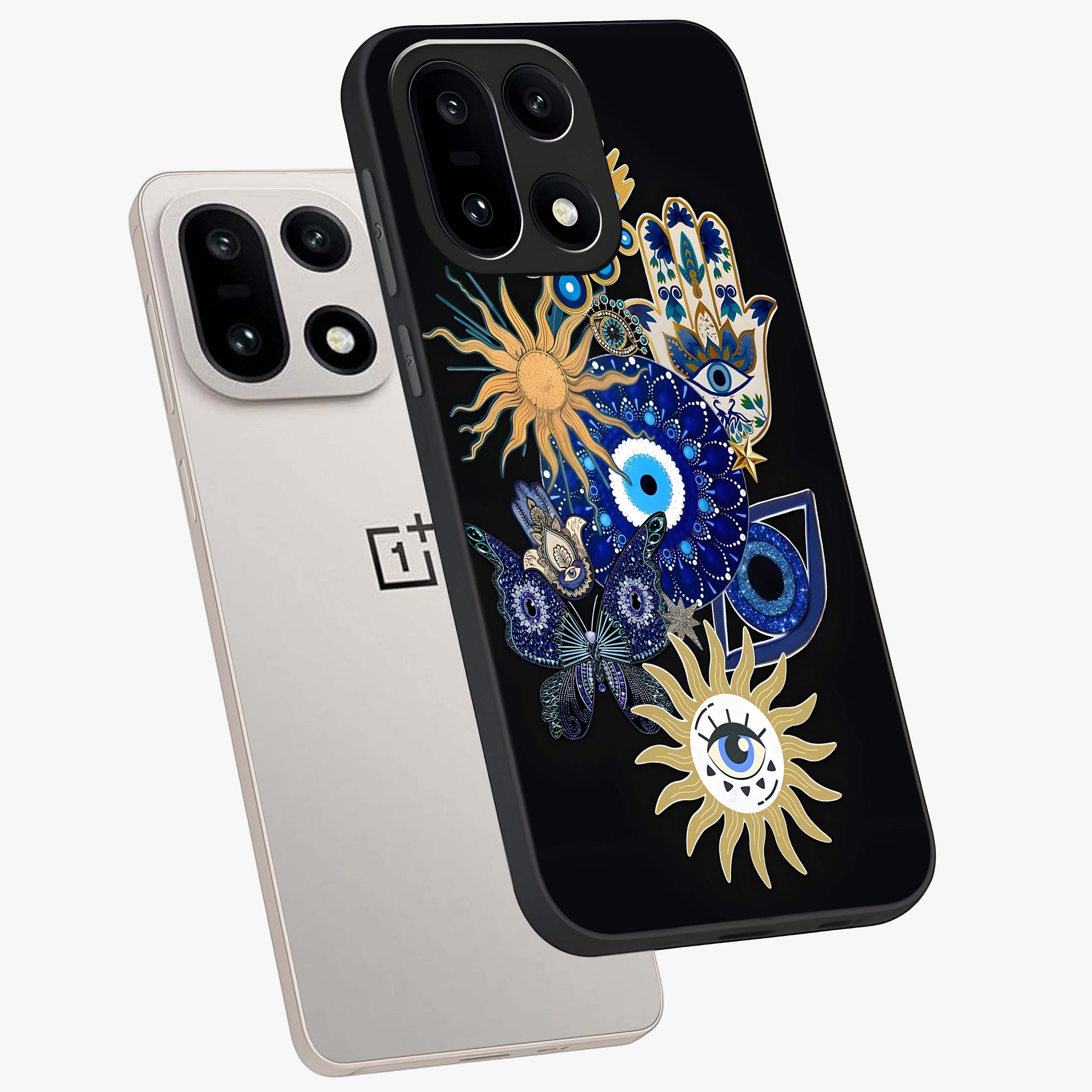 Evil Eye Charm Vibes Glass Case for 1+15 angled mockup showcasing glossy finish and protective symbol detailing