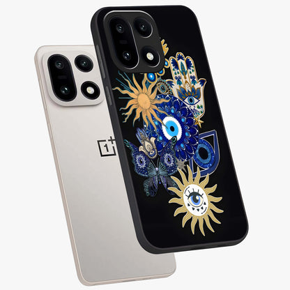 Evil Eye Charm Vibes Glass Case for 1+15 angled mockup showcasing glossy finish and protective symbol detailing