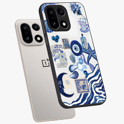 Evil Eye With Blue Themed Collage Glass Case for 1+15 angled mockup showcasing glossy finish and layered blue textures
