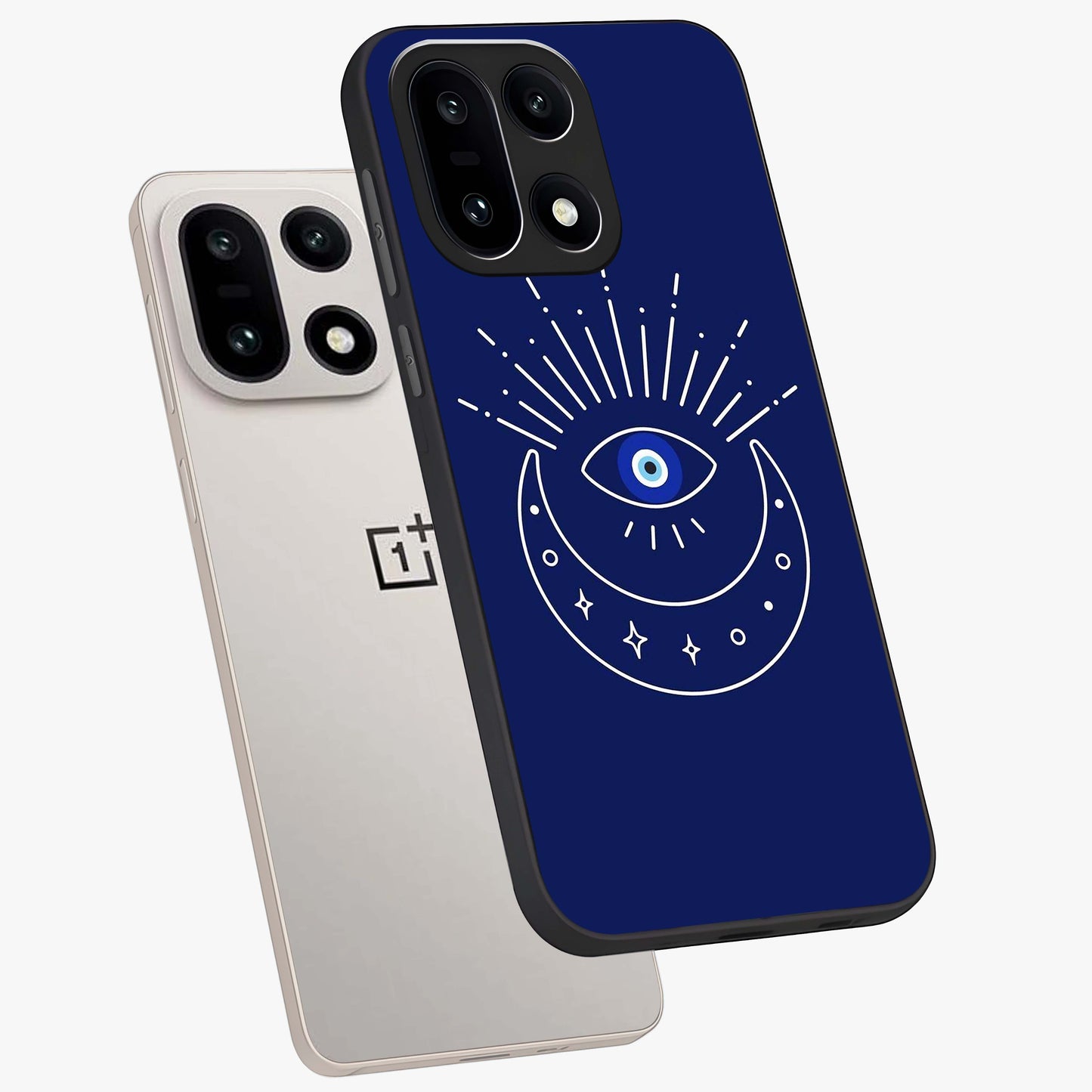 Evil Eyes Dark Blue Glass Case for 1+15 angled mockup showcasing glossy finish and rich navy tones