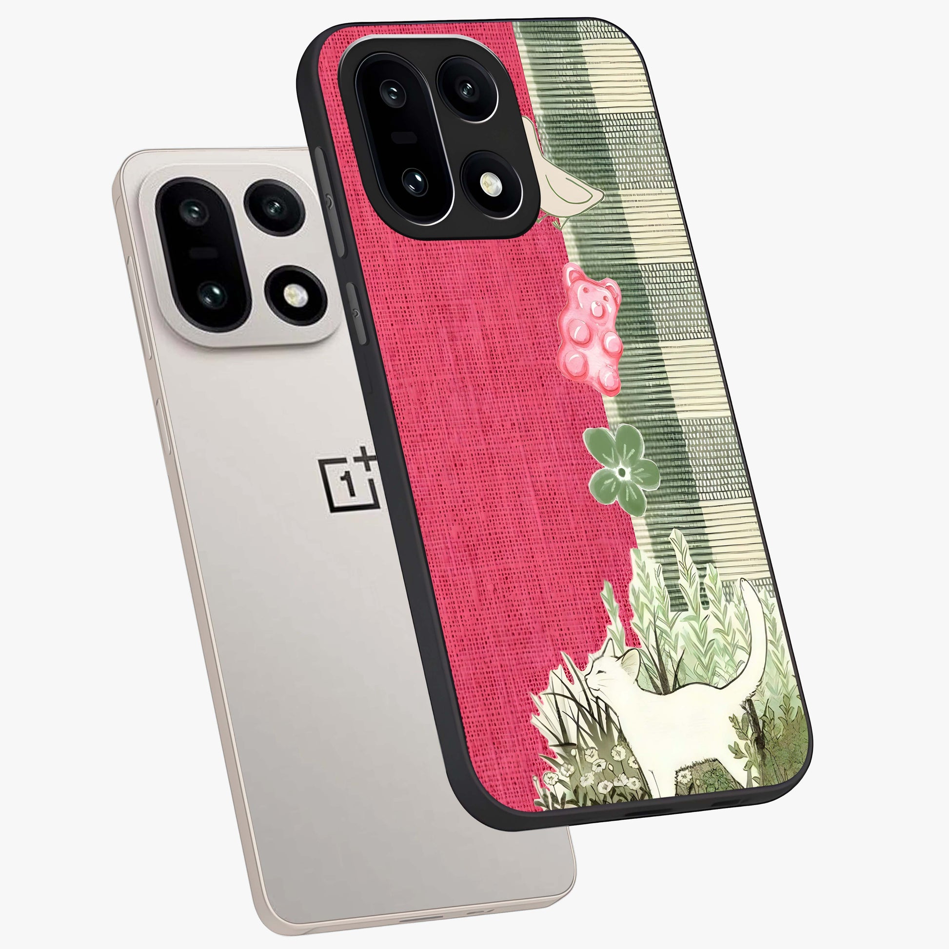 Fabric Patterns Glass Case for 1+15 angled mockup showcasing glossy finish and intricate fabric detailing