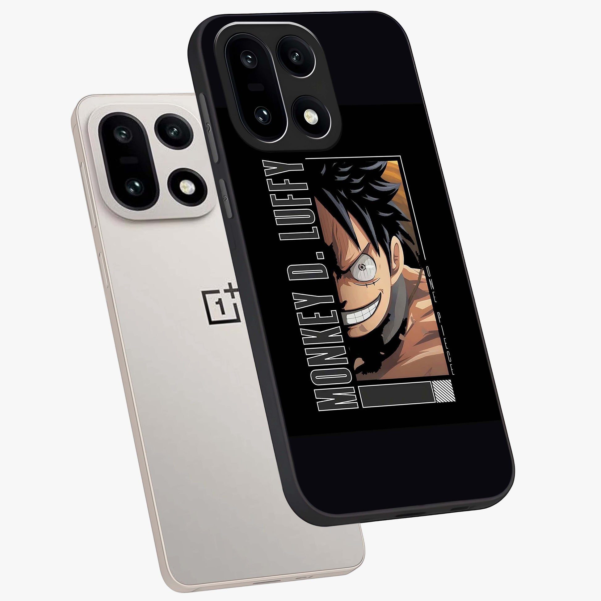 Fearless Pirate Smile Glass Case for 1+15 angled mockup showcasing glossy finish and dark adventurous tones