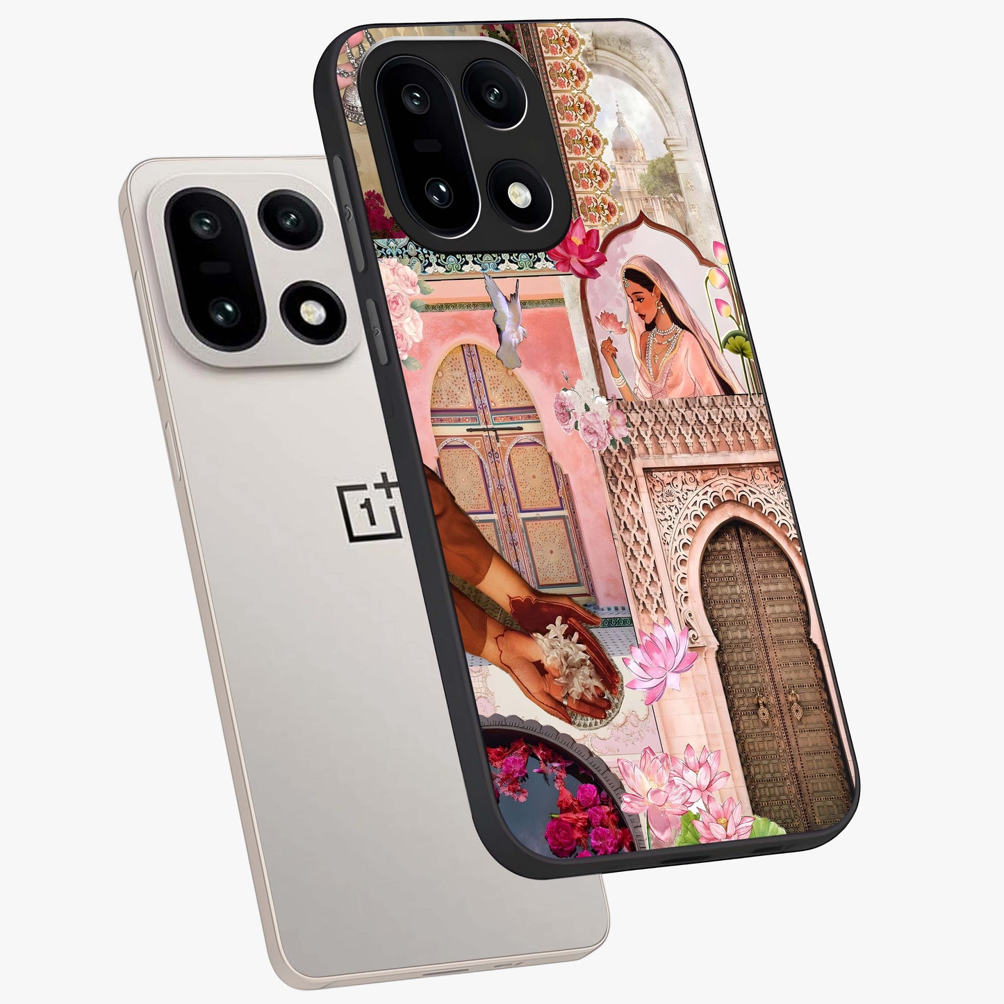 Floral Courtyard Muse Glass Case for 1+15 angled mockup showcasing glossy finish and delicate bloom detailing